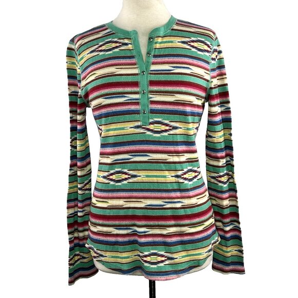 Ralph Lauren Chaps Sz M Aztec South Western Thermal Henley Top 100% Cotton Boho - Picture 1 of 9